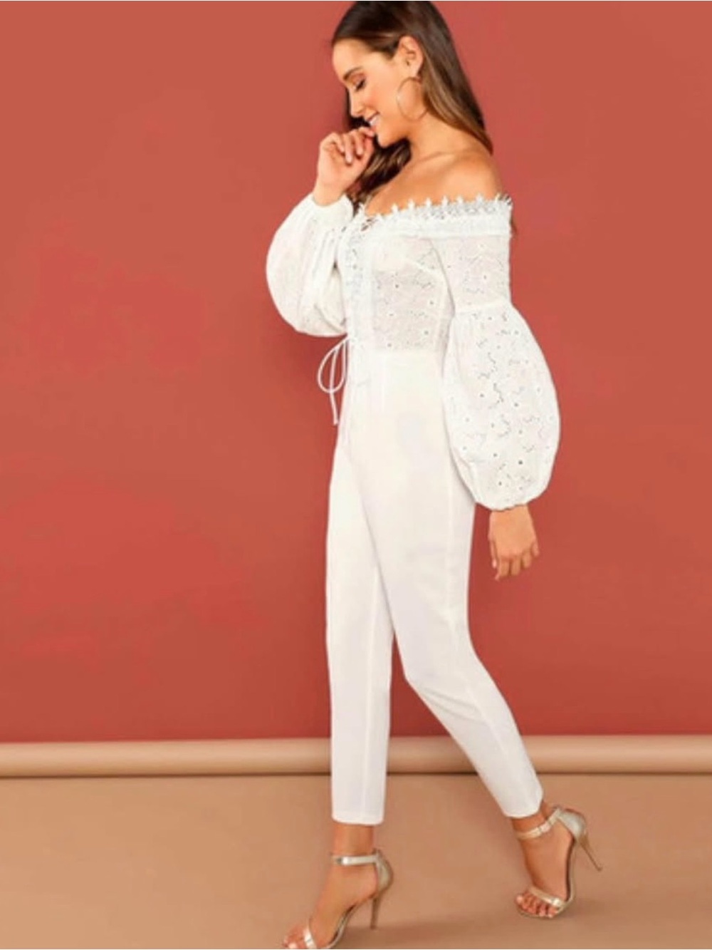 Elegant White Off-Shoulder Jumpsuit with Embroidered Bodice